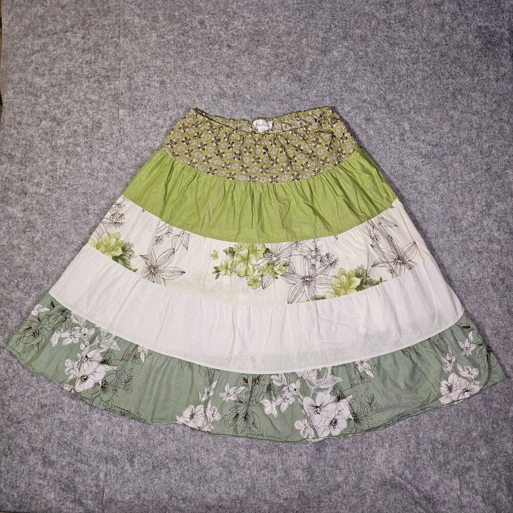 Womens Green Floral Geometric Patchwork Tiered Skirt Boho Hippie Size Large
